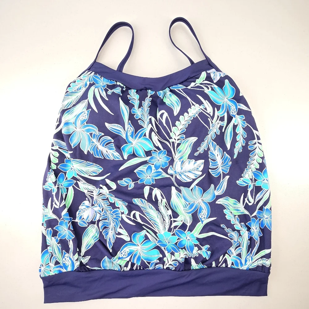 Lands’ End Blouson Tankini Top Built-In Bra Deep Sea/Sealily Floral Size 8 NWT